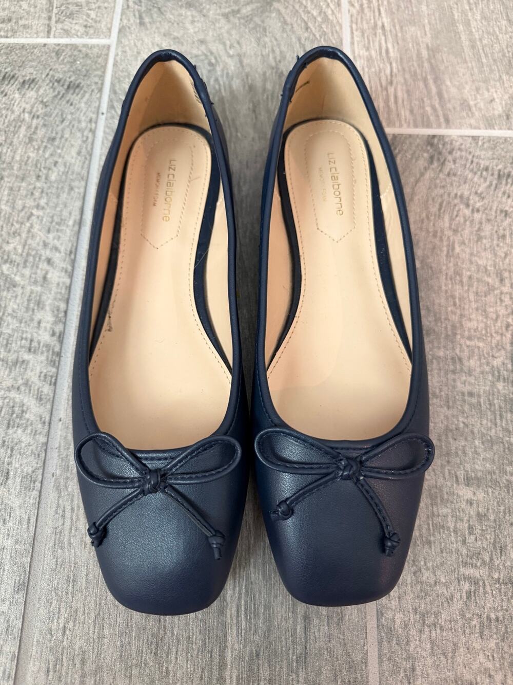 Liz Claiborne Flushing Navy Blue Square Toe Ballet Flats Memory Foam Womens 7.5